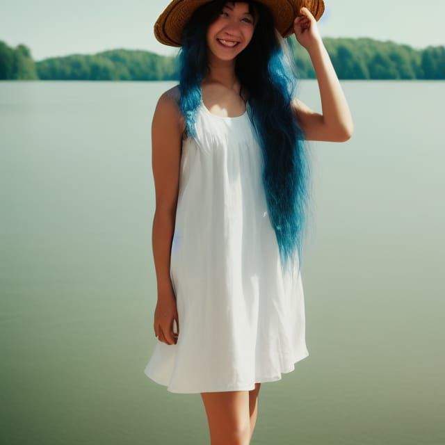 Blue-Haired Girl at Lakeside in Summer Dress