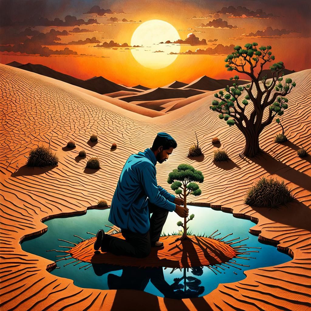 Surreal Desert to Forest Drawing with Folklore Creatures