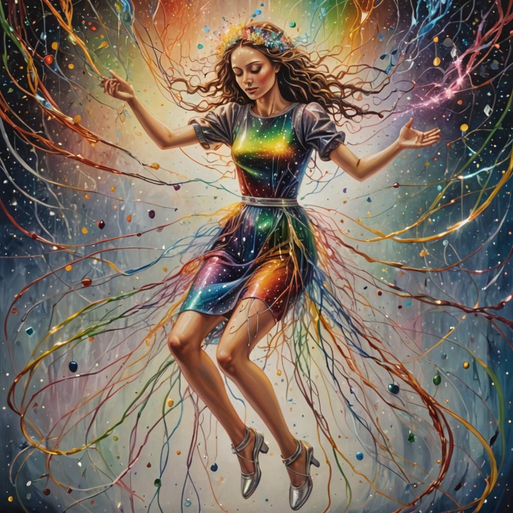 Surreal Glittering Woman with Rainbow Wires, Oil on Canvas