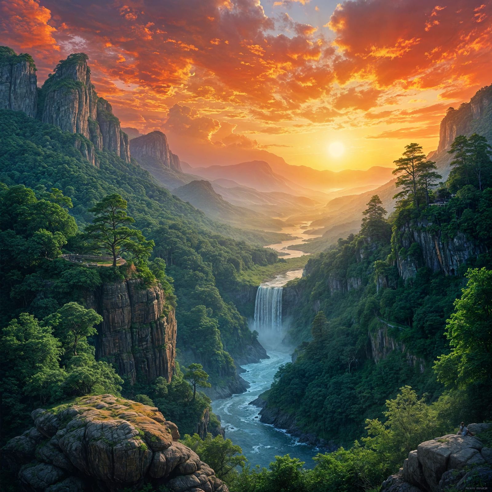 Vibrant Landscape Mural with Forests and Waterfalls
