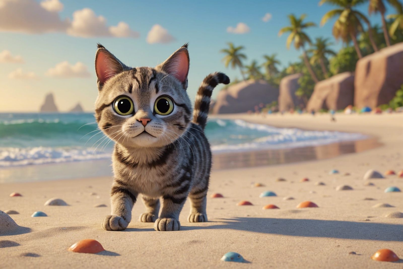 Cat Exploring Beach in Pixar-Style 3D Render