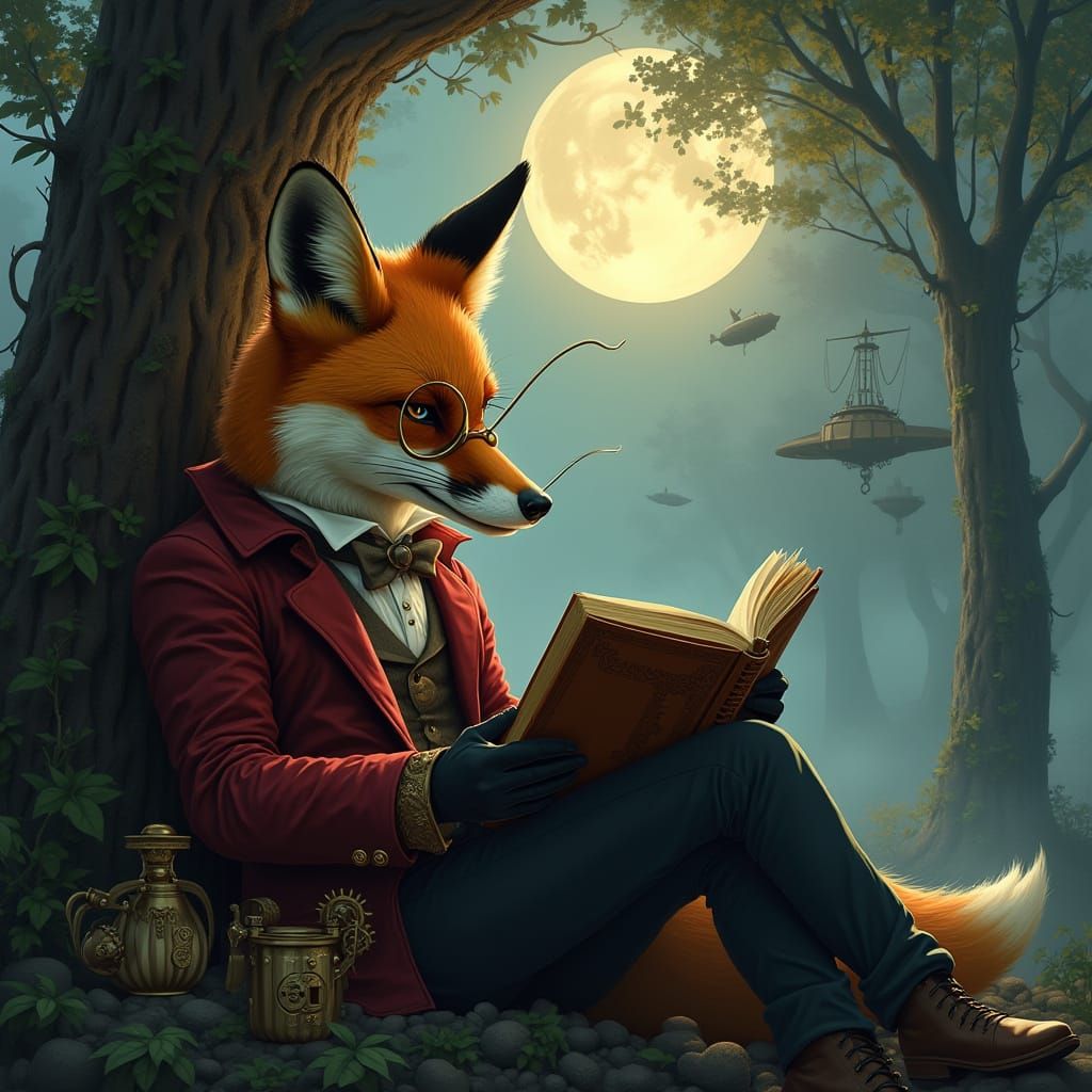 Steampunk Fox Reading Book Under Moonlight
