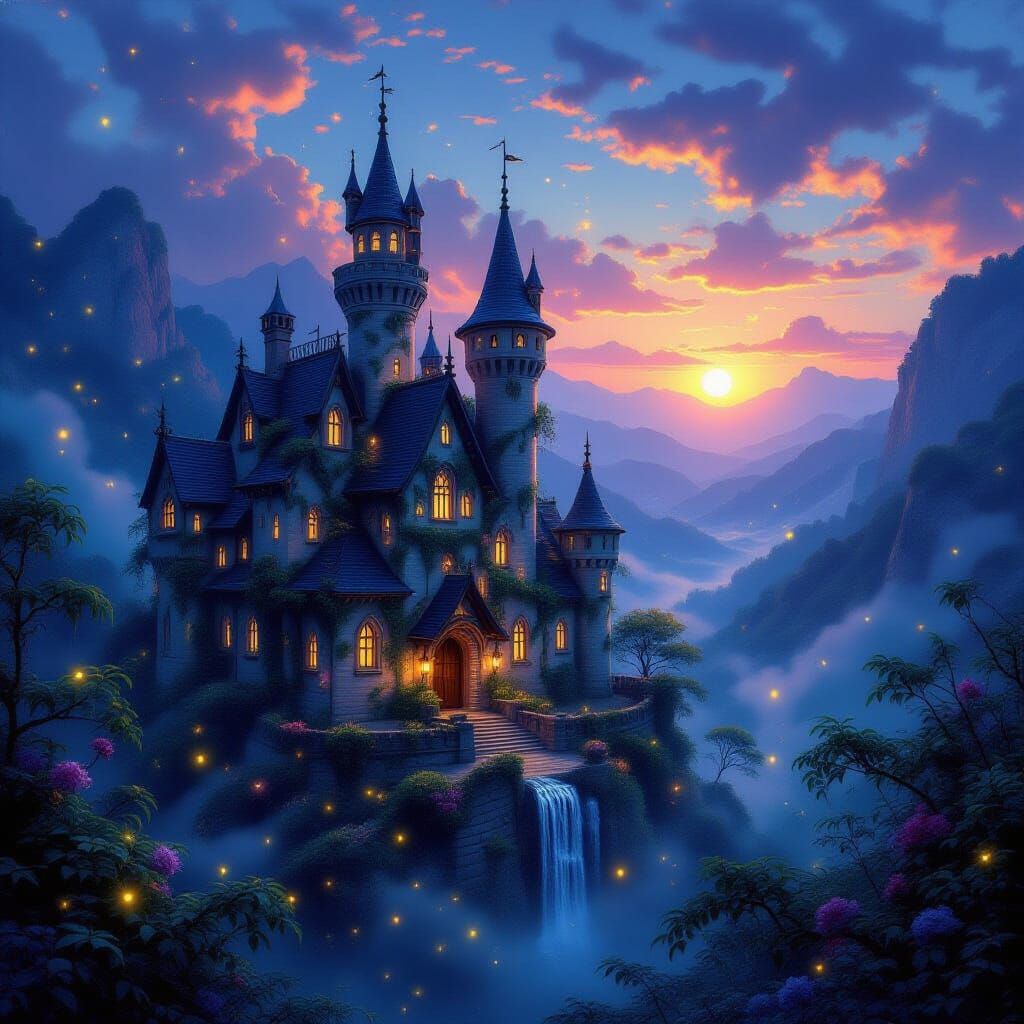 Luminescent Ancient Castle in Vine-Covered Valley at Sunset