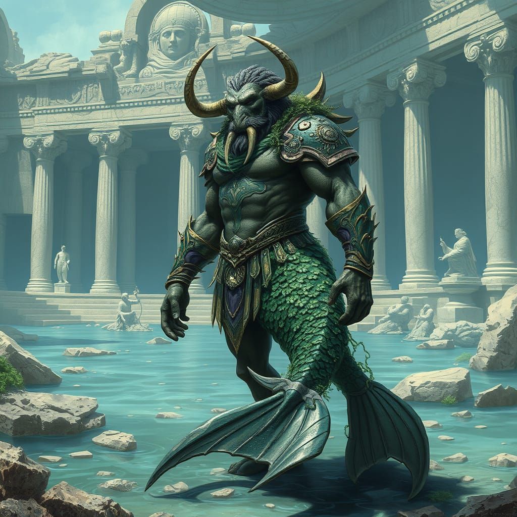 Minotaur Mermaid in Sunken City: Mystical Realism