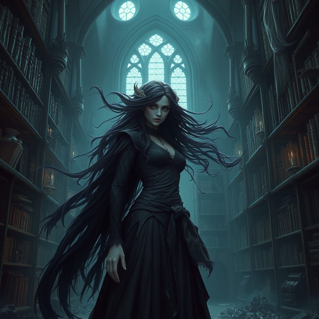 Gothic Library: Spectral Woman in Dark Fantasy Style