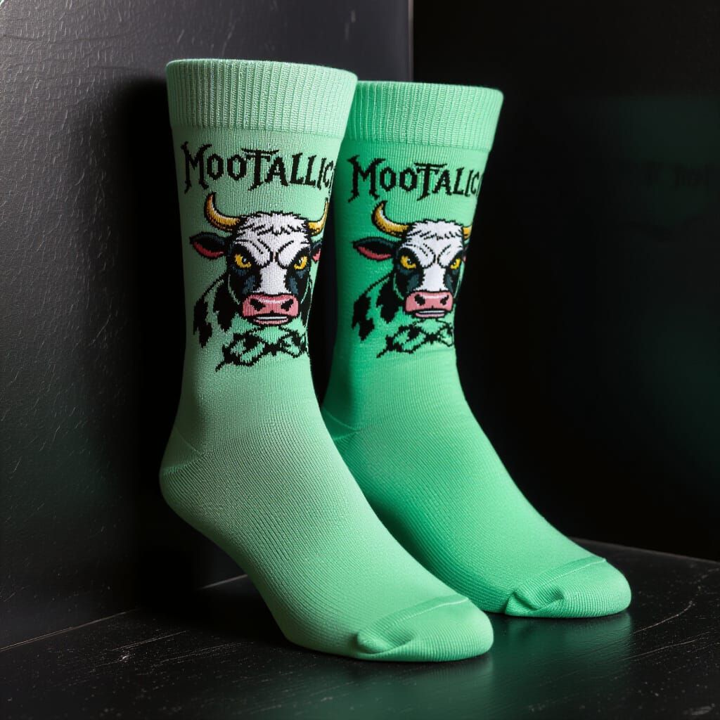 Light-Green Socks with Angry Cow and Deathcore Font