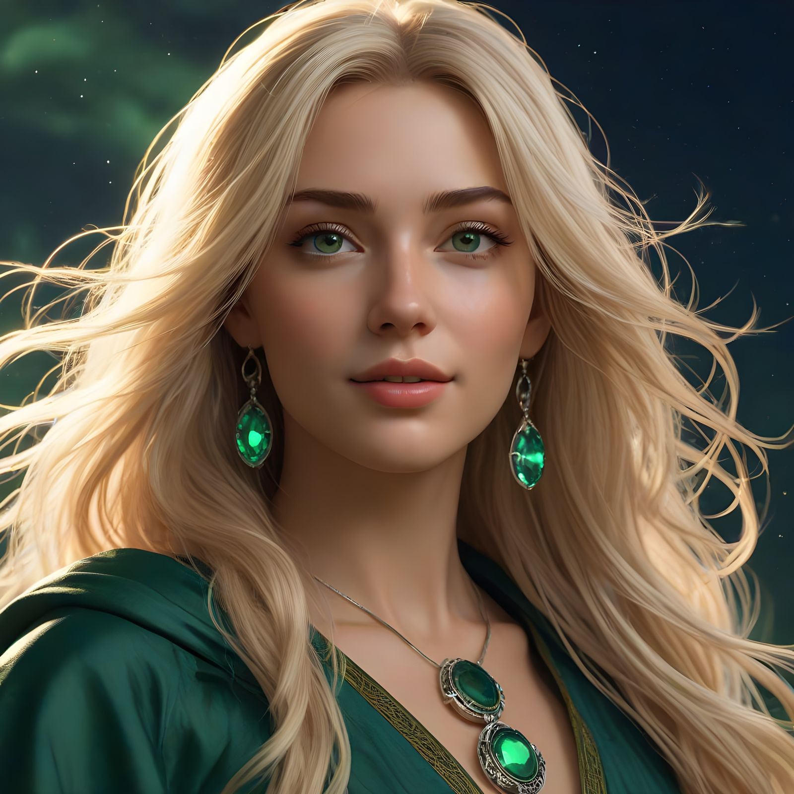 Norse Goddess with Radiant Green Eyes and Long Blonde Hair