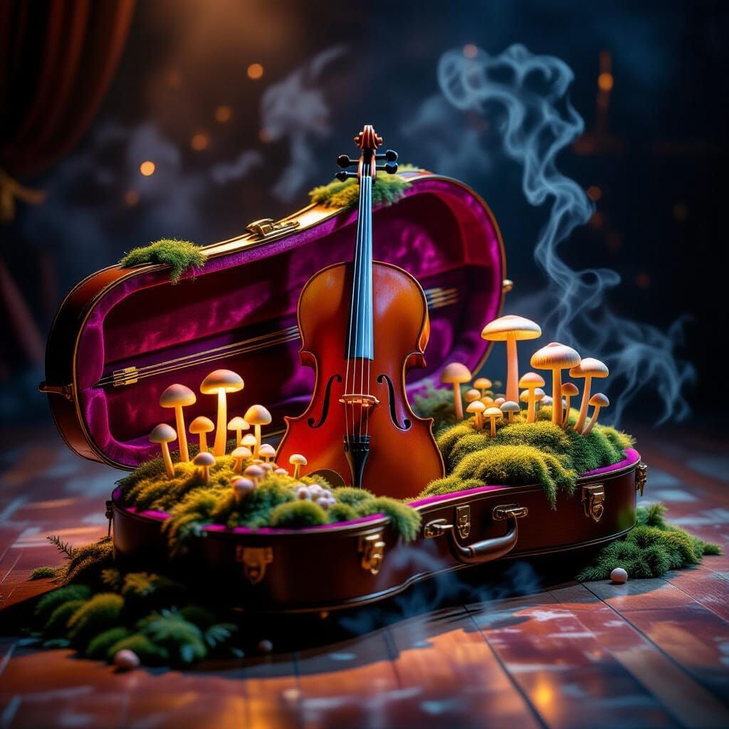 Magical Cello Case Filled with Glowing Mushrooms