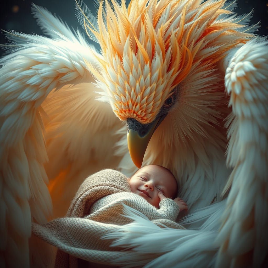 A Majestic Grifo Guardian Tenderly Holding a Smiling Baby