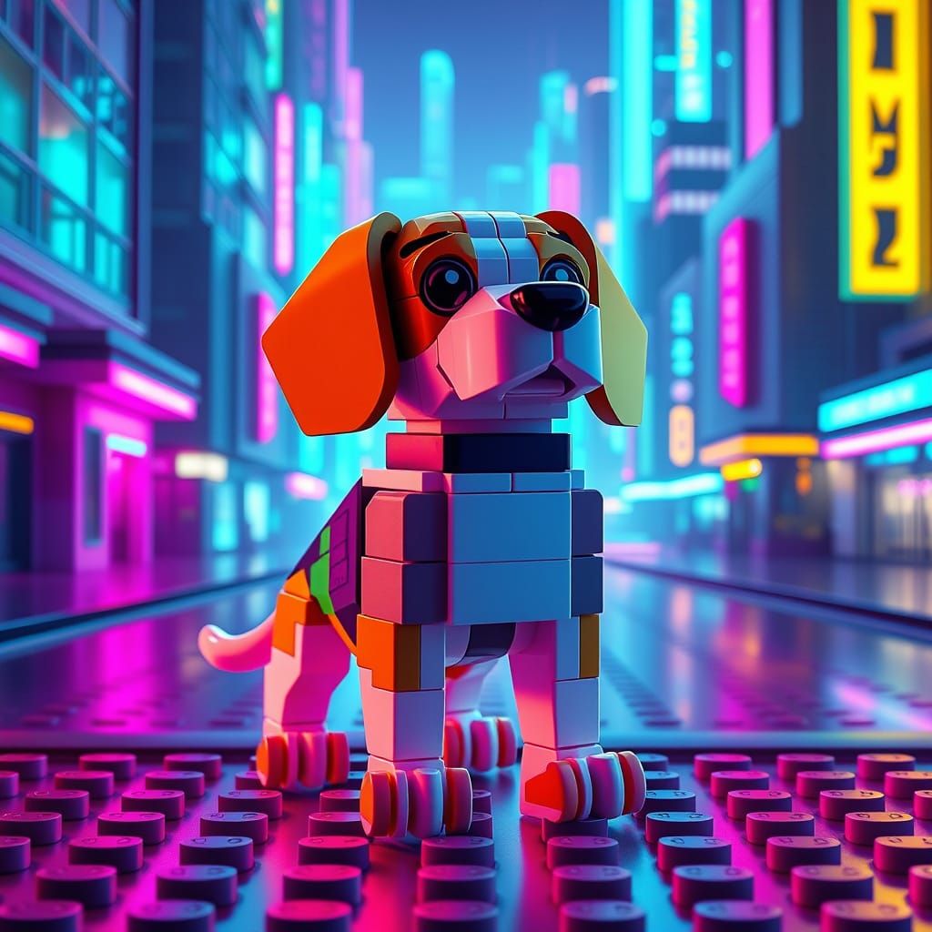 Lego Beagle in Neon Cityscape