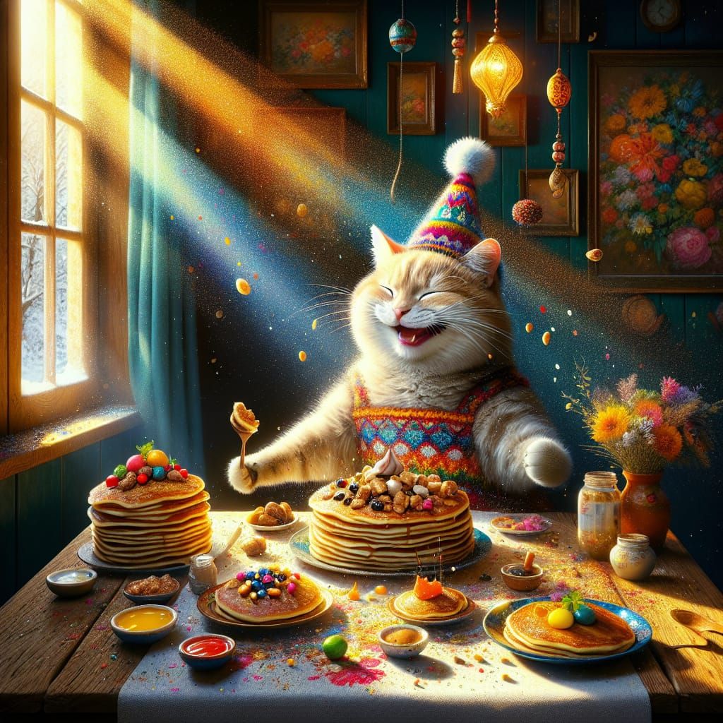 Maslenitsa Celebration with Pancake-Loving Cat