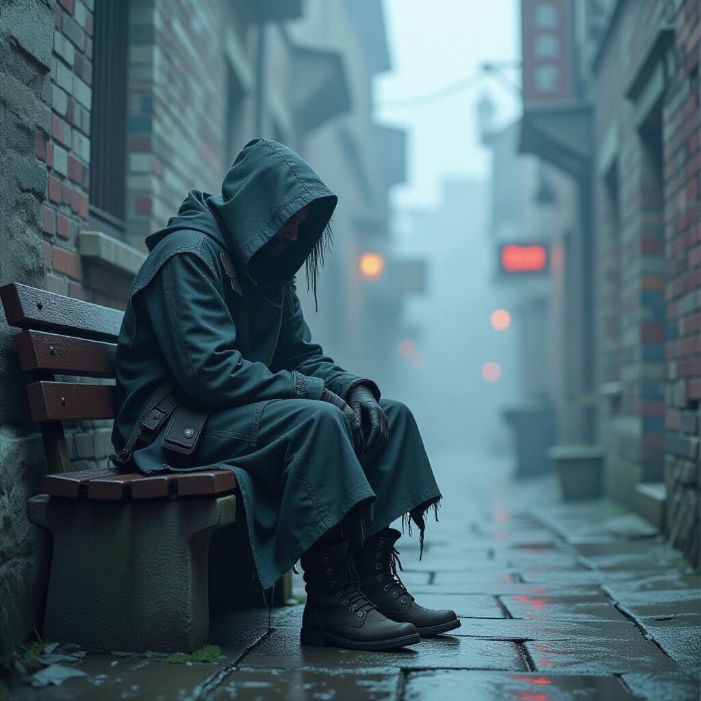 Vagrant in Foggy Alley, Retro-Futuristic Style