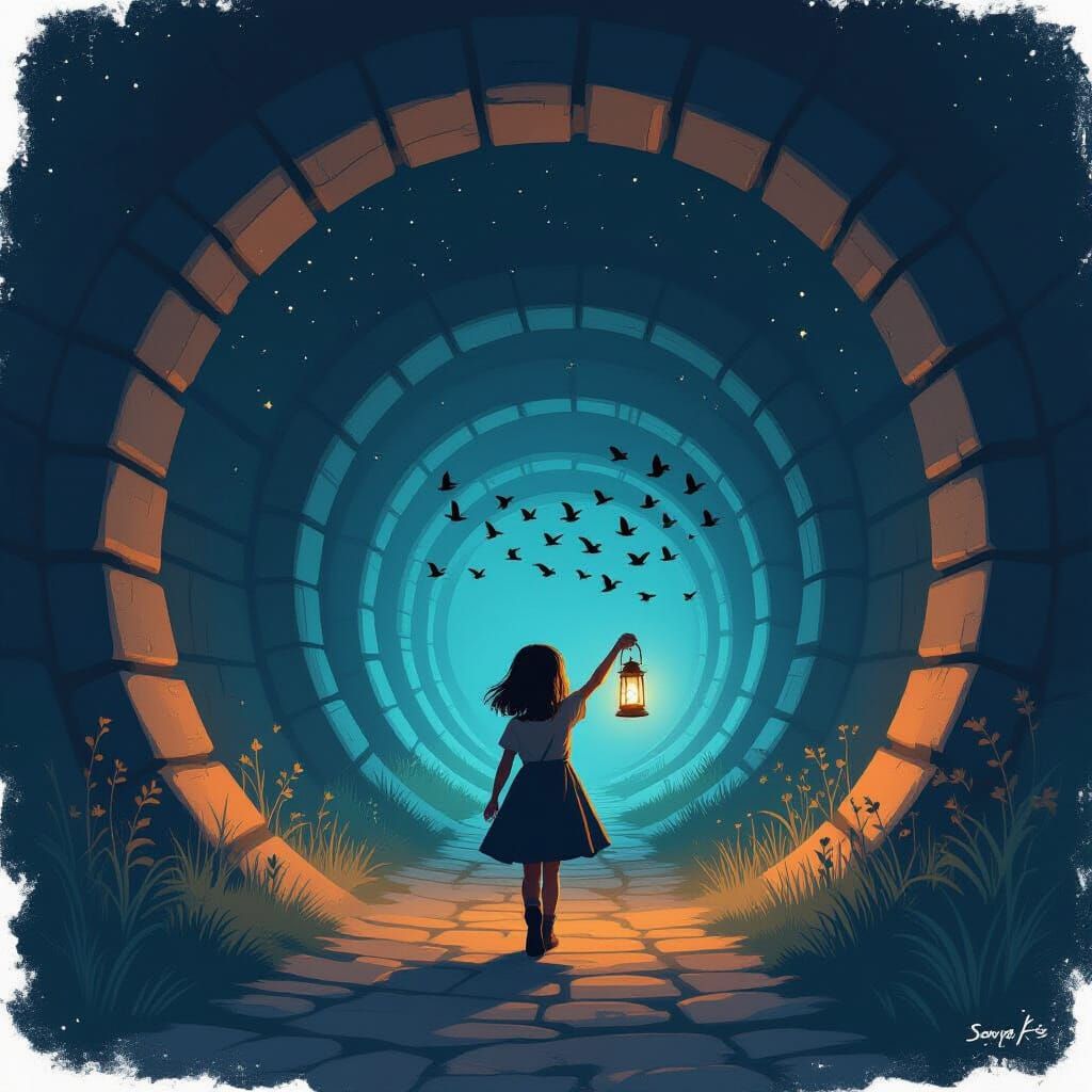 Girl With Lantern and Birds in Starry Sky Digital Painting