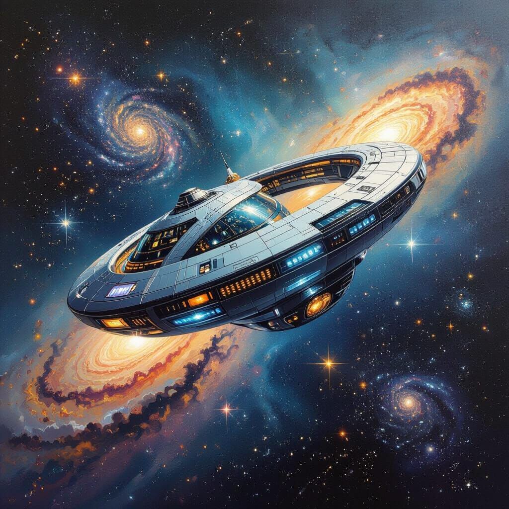 Futuristic Ring Spaceship in Fractal Futurism Oil Painting