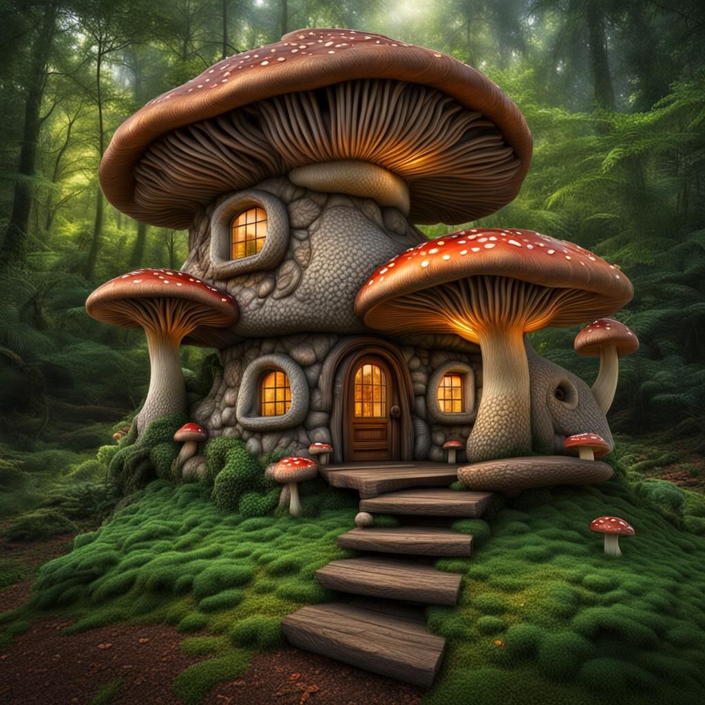 Hyperrealistic Mushroom House in Cinematic Lighting
