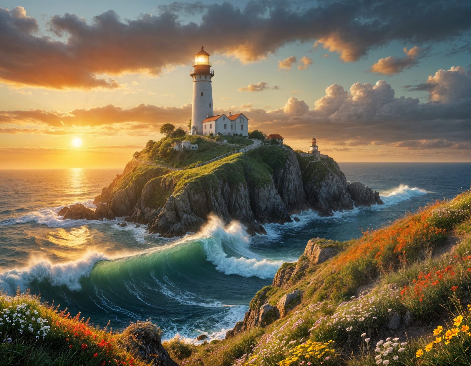 Lighthouse Amidst Turbulent Ocean in Sunset Glow