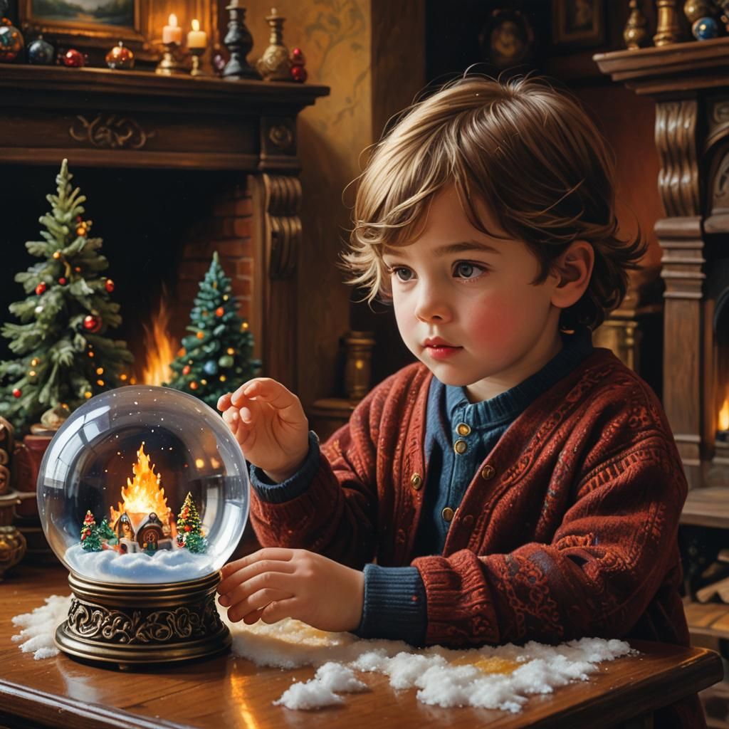 Enchanted Child with Snow Globe as Oil Painting