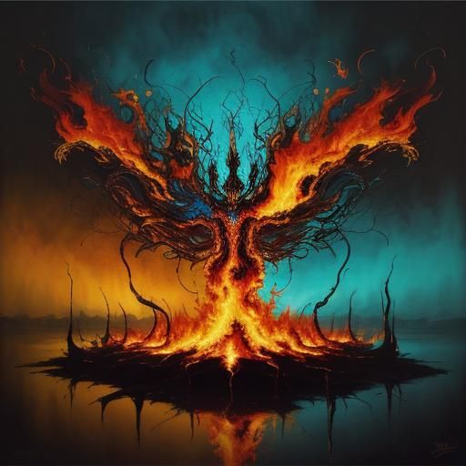 Flaming Figure in Burning Cityscape: Abstract Expressionism