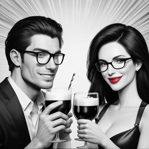 Romantic Comic Art of a Couple Sharing a Toast