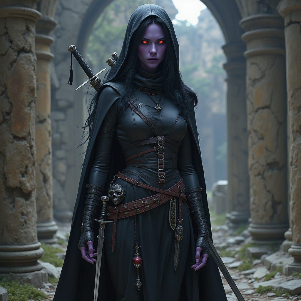 Ethereal Drow Elf Amidst Ancient Ruins in Dark Fantasy Style