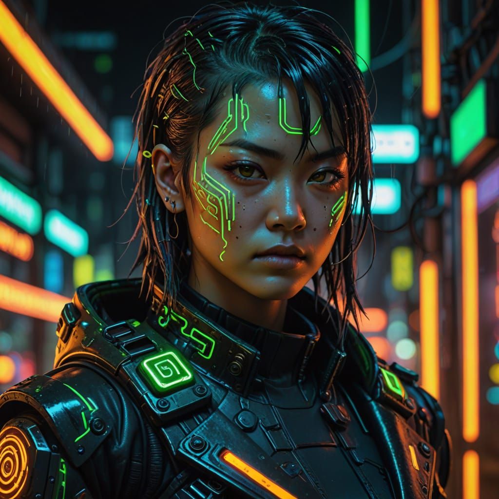 Fierce Cyberpunk Rebel with Neon Tattoos and SMGs
