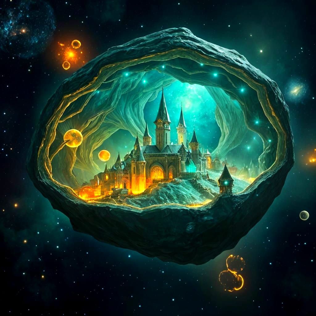 Bioluminescent Elven City in Cosmic Geode