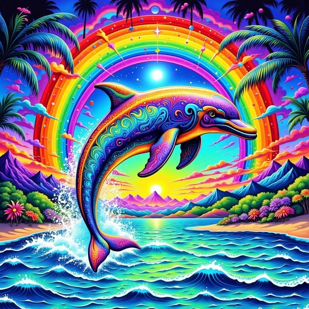 Vibrant Dolphin in Rainbow Halos