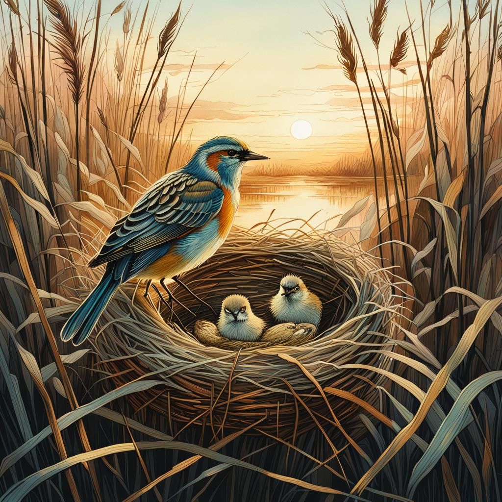 Bird on Nest in Reeds: Whimsical Illustration