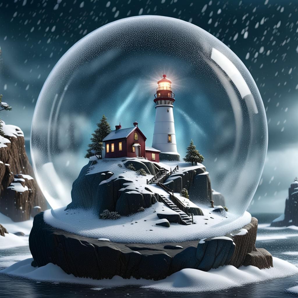 Lighthouse Snow Globe Scene in Detailed Matte Painting