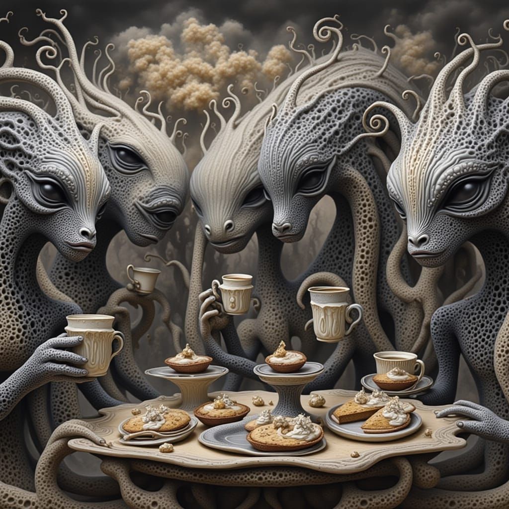 Aliens Enjoying Coffee and Pies in Garden