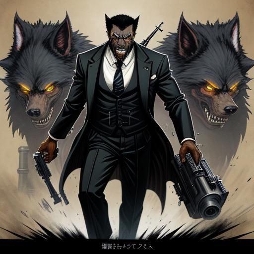Werewolf Mobster with Machine Gun in Anime Style