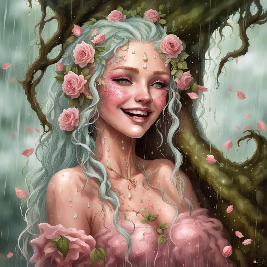 Beautiful dryad, she is stunningly gorgeous looking, long luscious pink hair, pink roses and flowers in her hair, soft a...