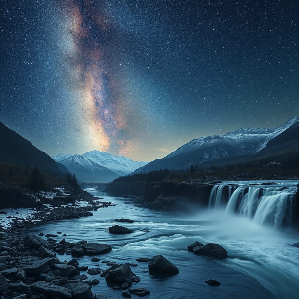Milky Way Over Majestic River and Snow Peaks