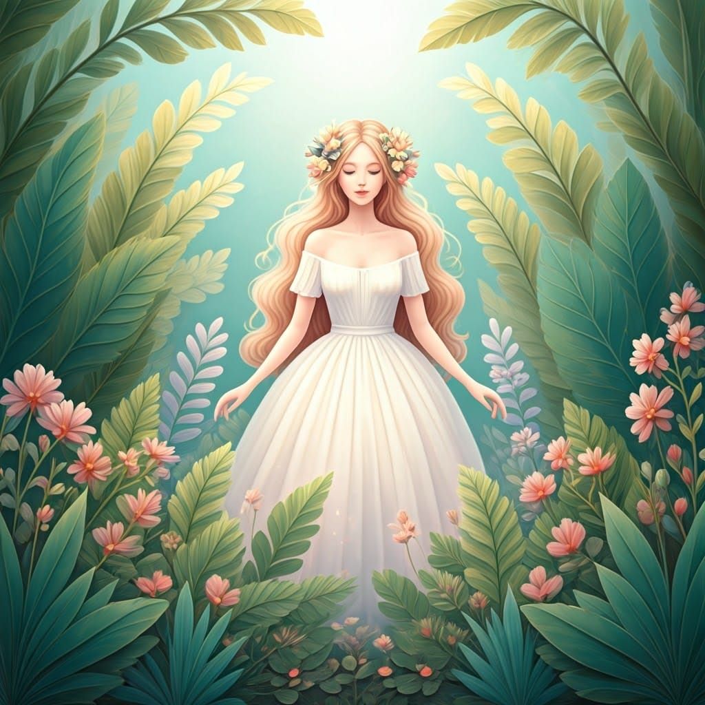 Whimsical Dream Goddess in Lush Floral Wonderland