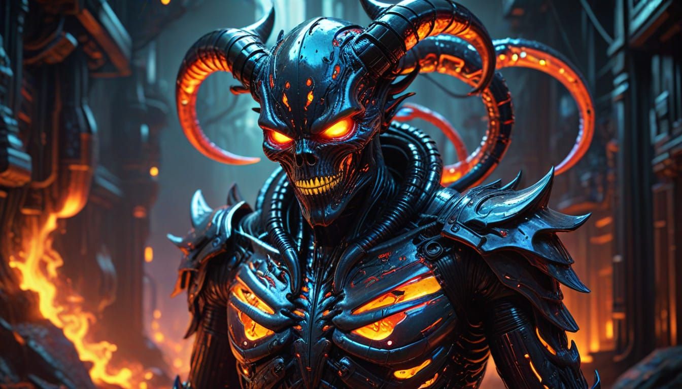 Cyberpunk Demon Hybrid Radiates Hellfire Energy in Vivid Col...