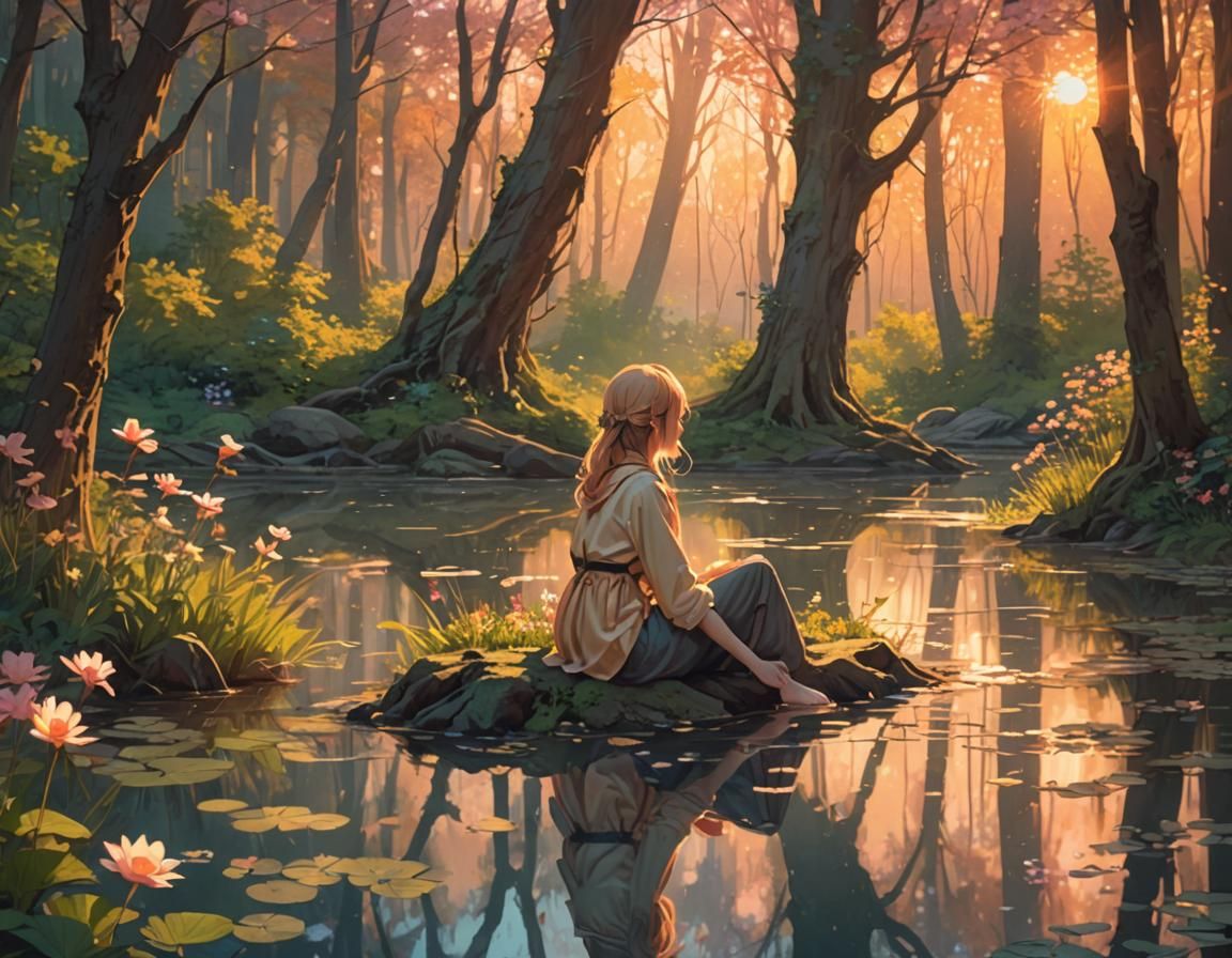 Woman Watching Sunset by Forest Pond: Anime Concept Art