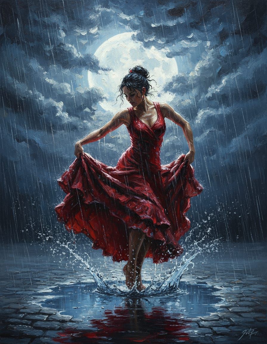 Impasto Painting of Passionate Spanish Dancer in Night Rain