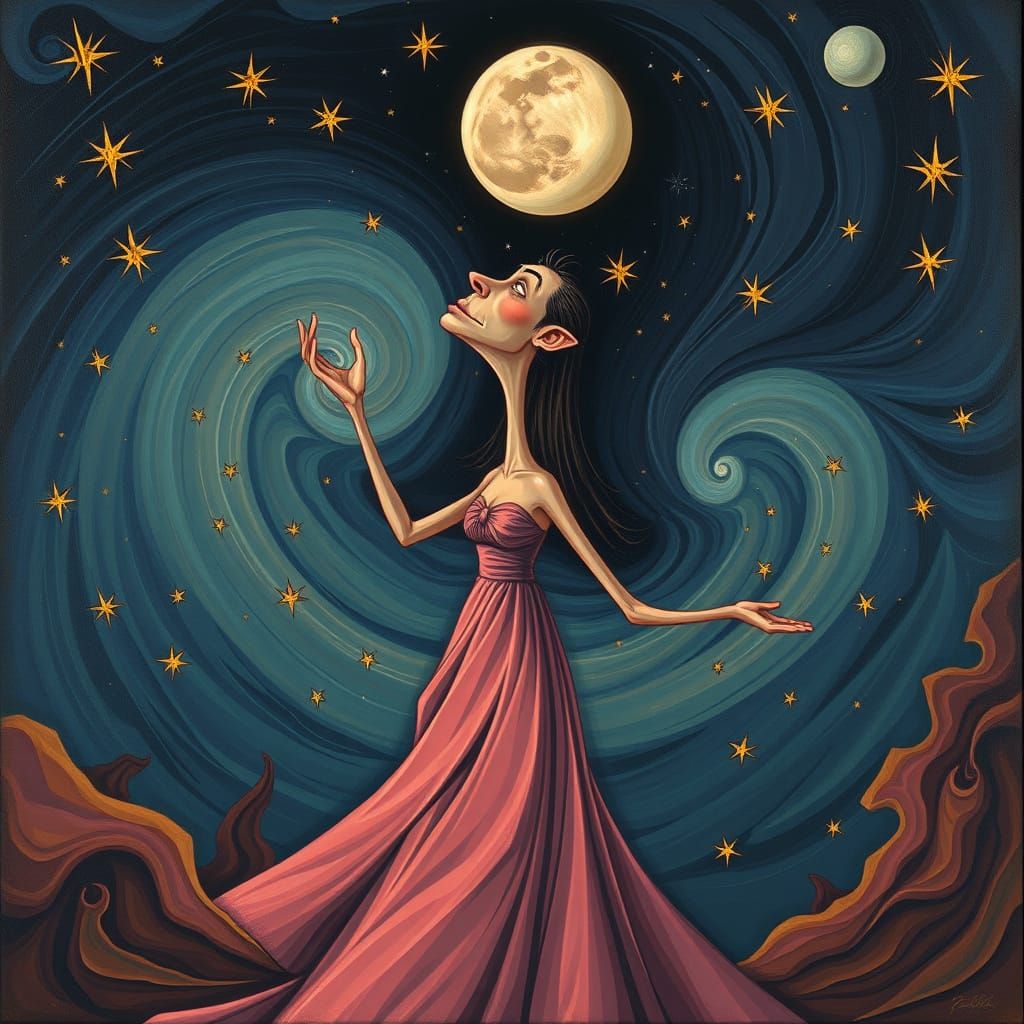 Surreal Woman Reaching for Giant Distorted Moon in Cosmic Vo...