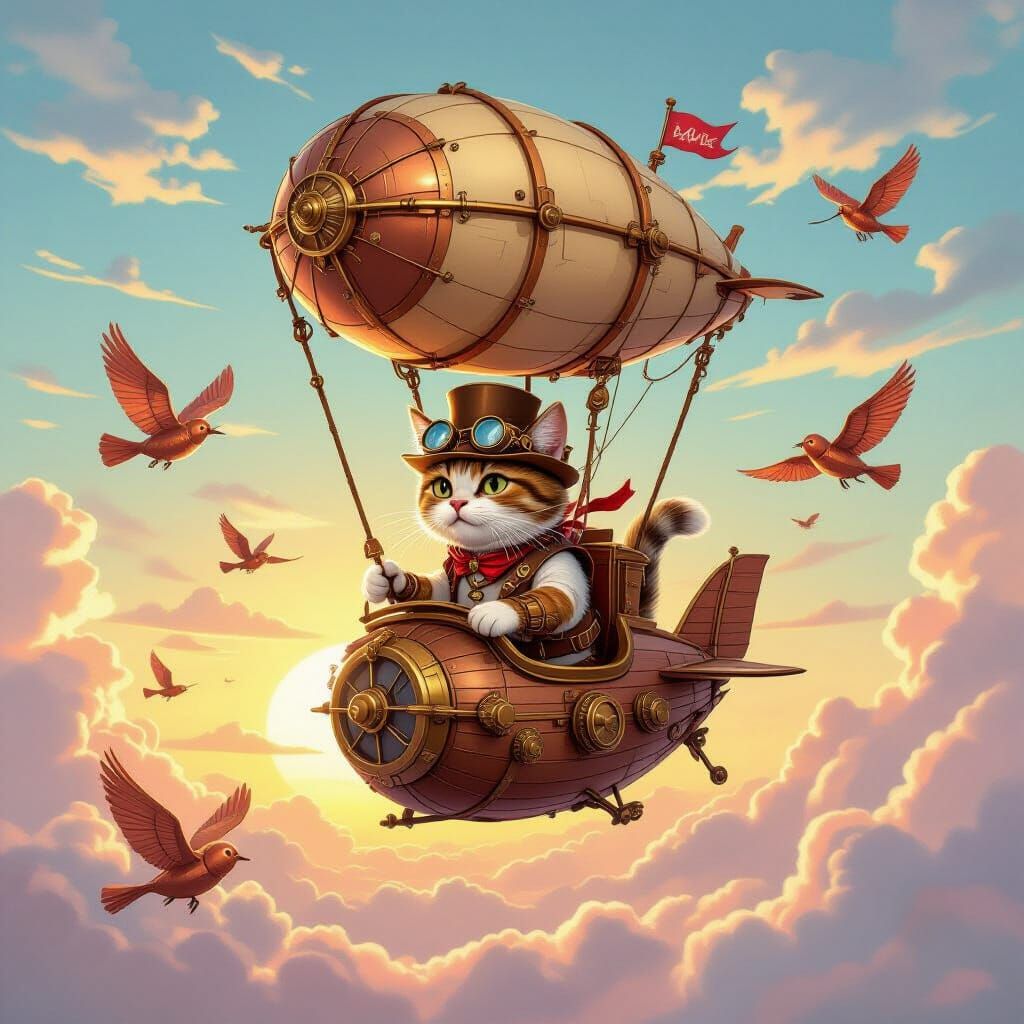 Steampunk Cat Airship Adventure at Sunrise