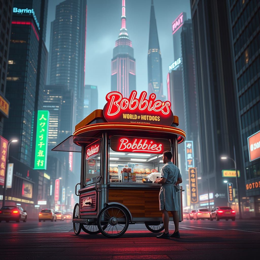 A futuristic dark city street lit only by bright neon Signag...