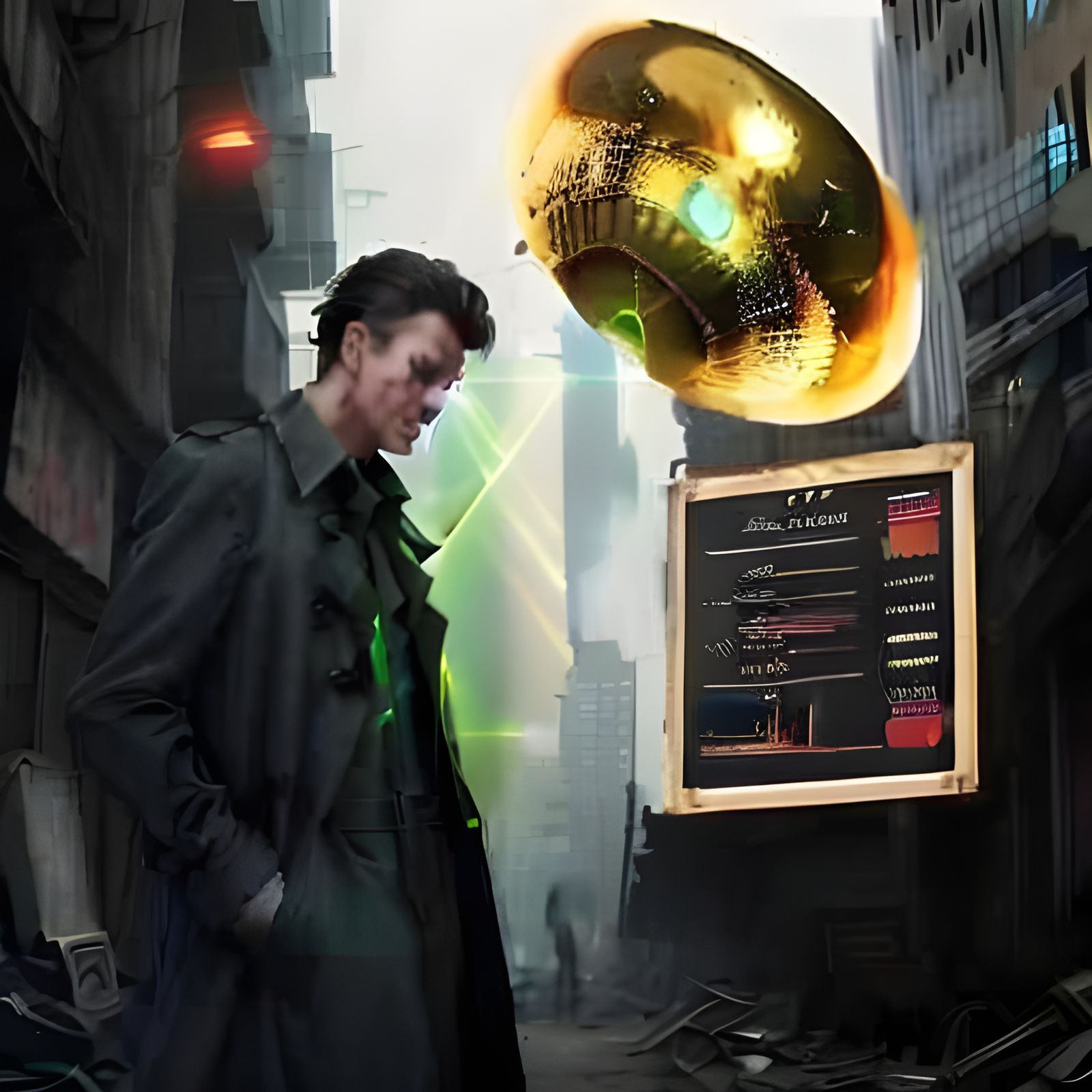 Man in Trenchcoat in Apocalyptic City Alley