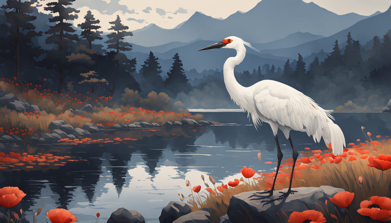 Serene Watercolor Crane at Golden Hour