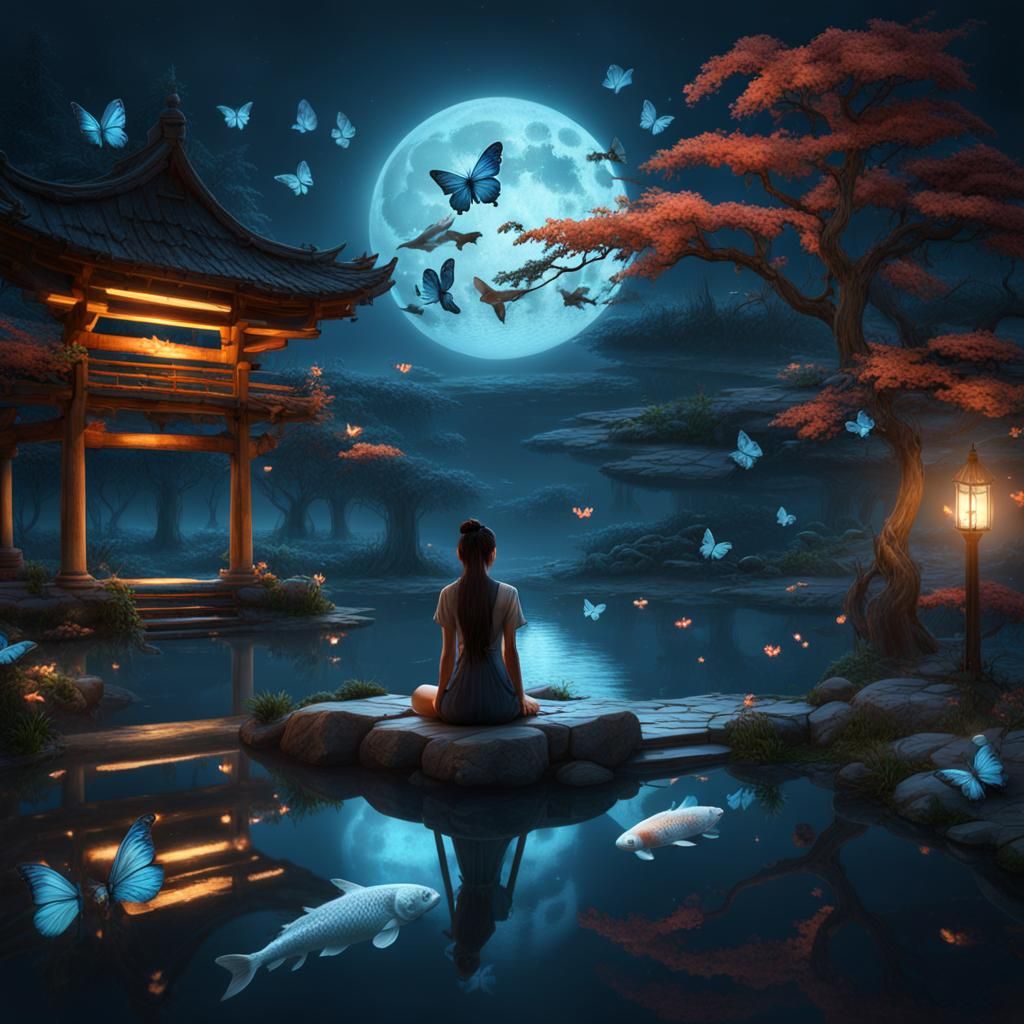 Koi Pond at Night with Butterflies, Detailed Painting