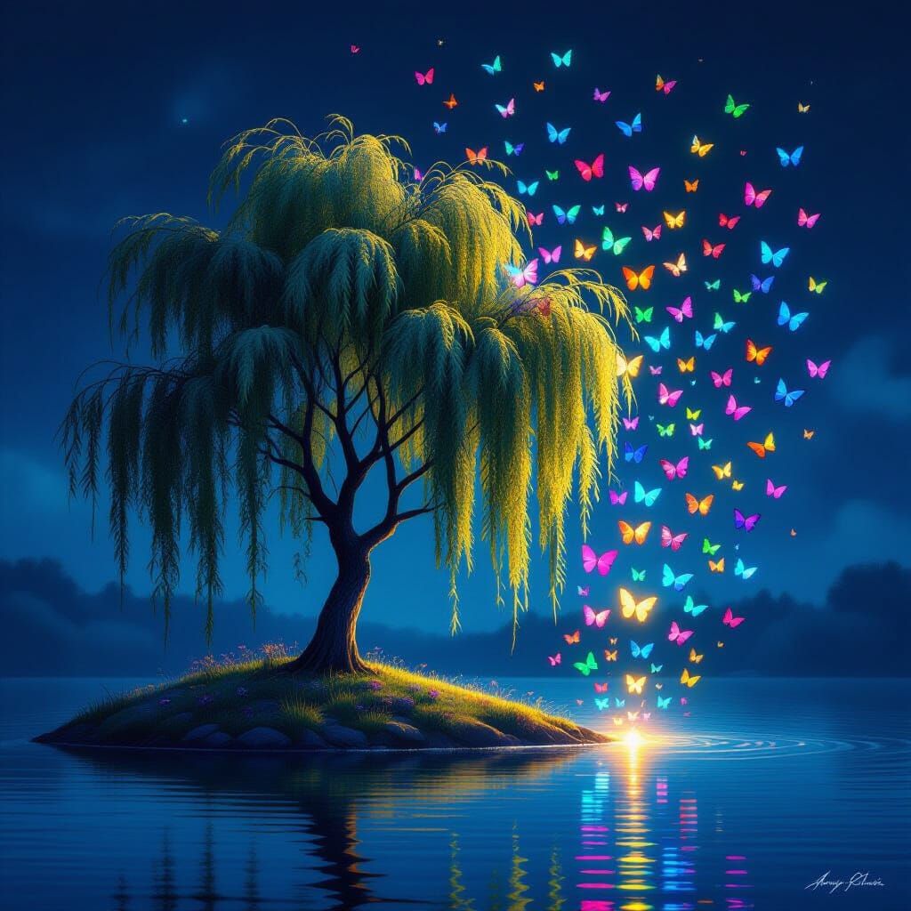 Weeping Willow Island with Rainbow Butterflies