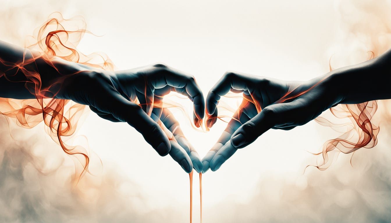 Two Hands Reach, Smoke Forms Glowing Heart