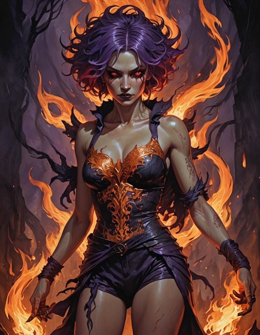 Unholy goddess of flame and terror. Purple hair.