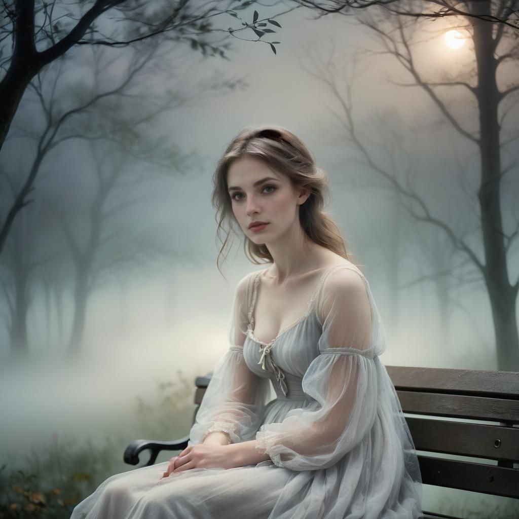 Woman in Fog Under Full Moon