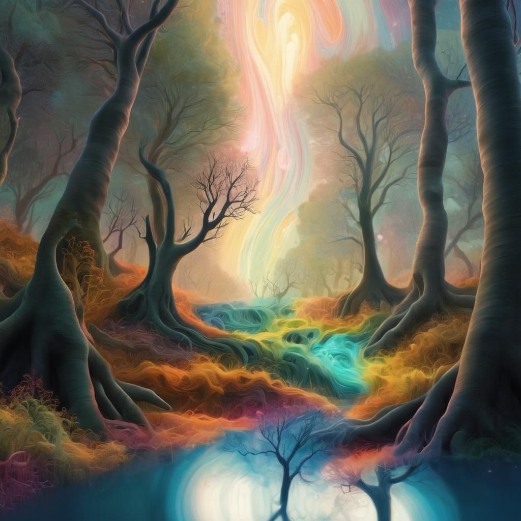 Surreal Forest River Scene in Fauvist Expressionism