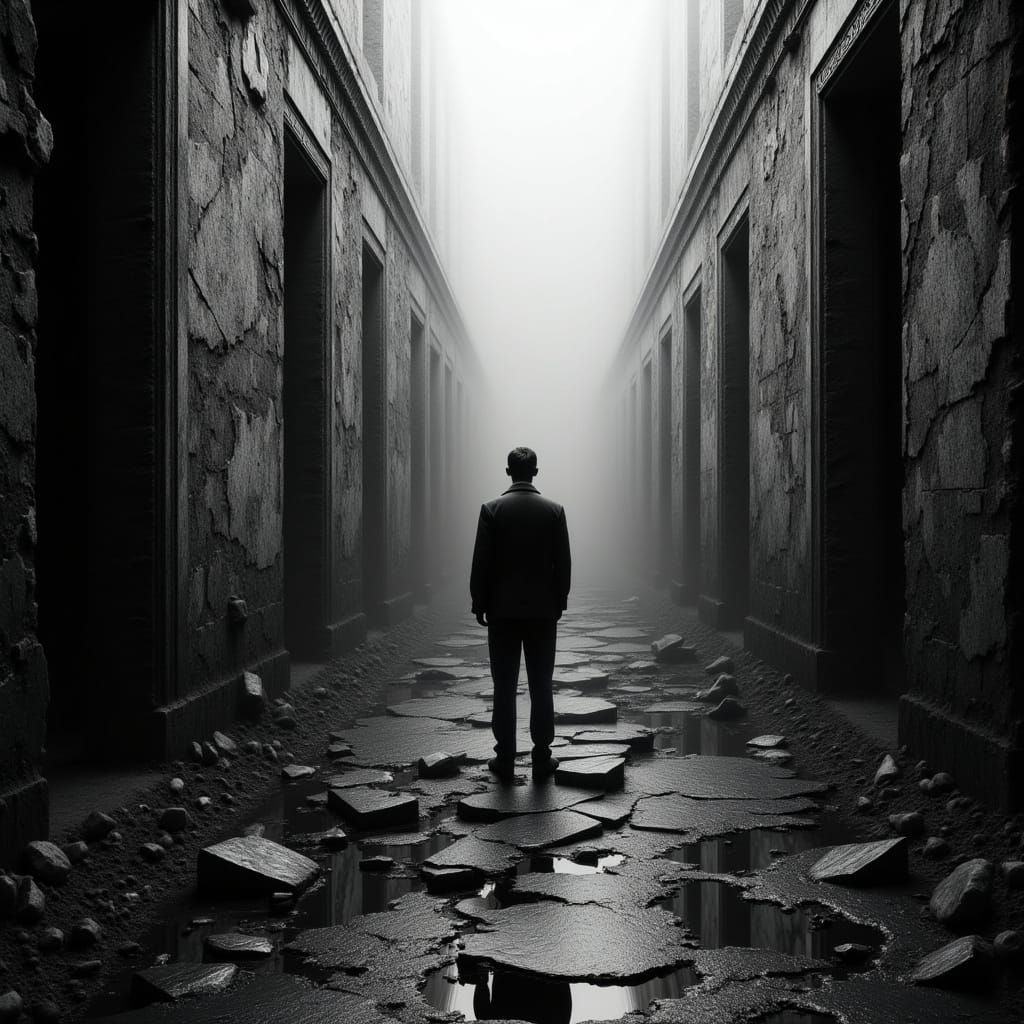 Resolute Figure in Desolate Hallway, Dark Ruins Landscape