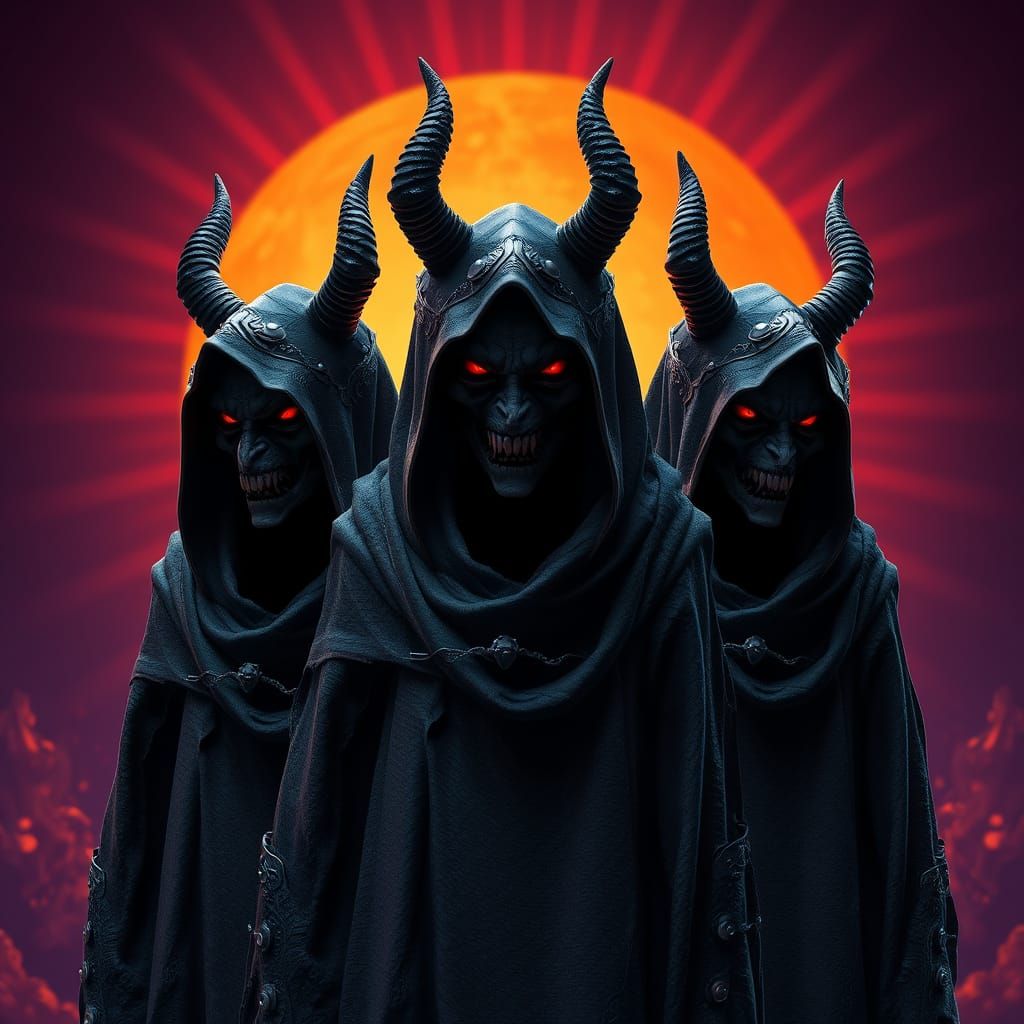 Three Ethereal Erinyes in a Fiery Underworld